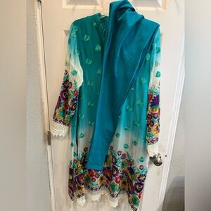 Indian Punjabi summer georgette Teal Embroidered Floral Kurta with tights